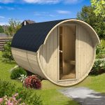Front exterior view of wooden barrel garden sauna 330 installed in garden
