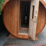 Front interior view of barrel garden sauna 330 with open door