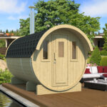 Outdoor wooden barrel garden sauna 330 installed in garden