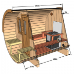 Technical drawing showing barrel sauna 250 dimensions and layout
