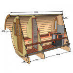 Technical drawing showing barrel sauna 330 dimensions and layout
