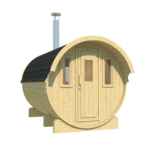 Front view of barrel sauna 330 with canopy and wood-fired heater chimney