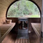 Barrel sauna 330 interior with benches and heater