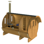 Barrel sauna 330 interior with wood-fired heater and benches