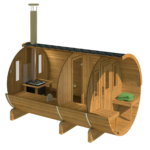 Cutaway view of barrel sauna 330 with balcony showing interior layout and benches