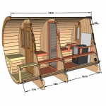 Technical drawing showing barrel sauna 330 with balcony dimensions and layout