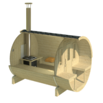 Barrel sauna interior with bench seating and wood heater