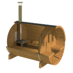 Barrel sauna interior with wood-fired heater and benches