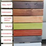 Wood stain colour samples showing natural wood finishes including walnut, mahogany, autumn maple, salad green, strawberry red and heather grey
