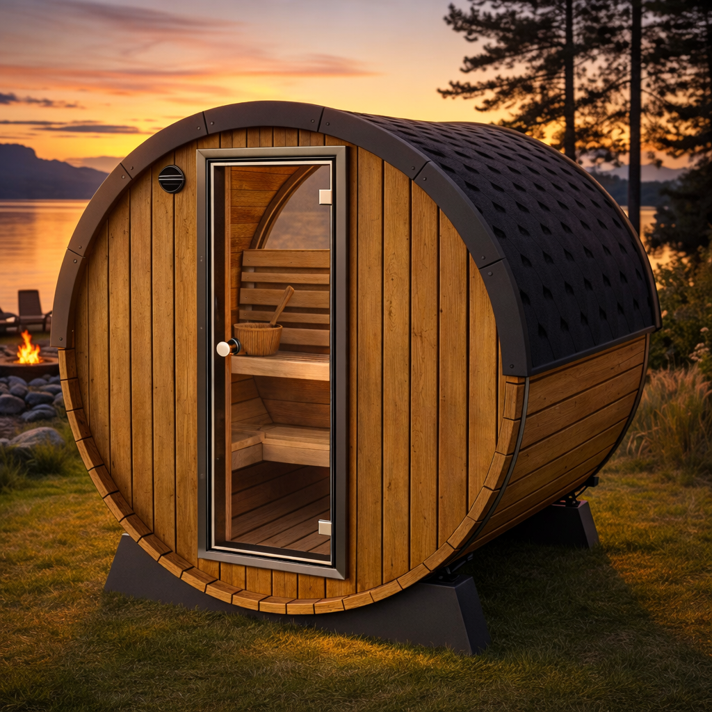 Terrace Sauna 160 with half-moon glass front and