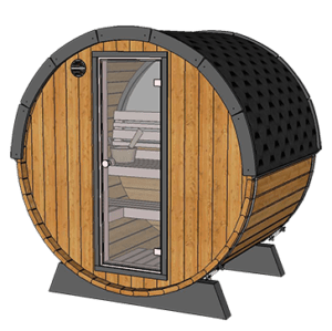 Terrace Sauna 160 with half-moon glass front and wooden exterior