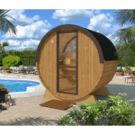 Terrace Sauna 160 with half-moon glass installed outdoors near pool