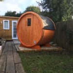 Front view of Terrace Sauna 160 standard wooden outdoor sauna